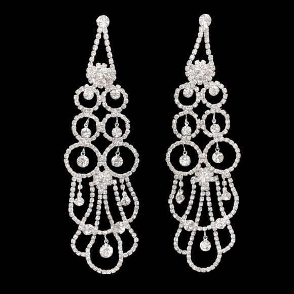 Large Pageant Statement Clear Rhinestones Unique Flair Long Post Drop Earrings - Picture 1 of 4
